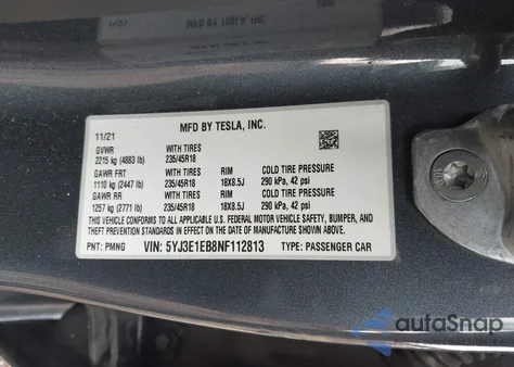 2022 Tesla Model 3 Long Range Dual Motor All-Wheel Drive z USA, uszkodzony, nr VIN 5YJ3E1EB8NF112813